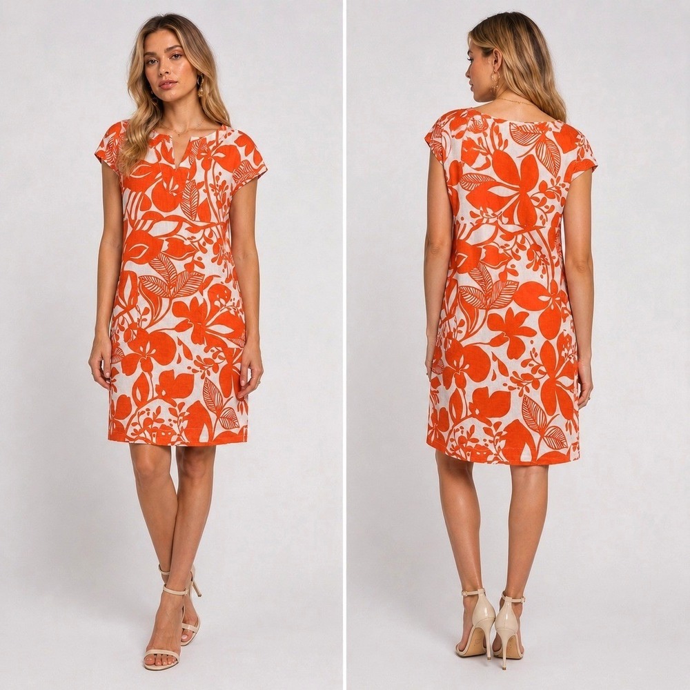 Boden Notch Neck Shift Dress 100% Linen Orange/White Tropical Floral Print